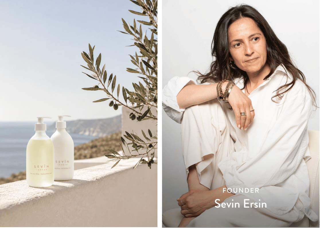 A split-screen lifestyle image featuring the brand SEVIN. The left side shows two white pump bottles of body care products on a stone ledge with a sea and sky background, with an olive branch in the foreground.