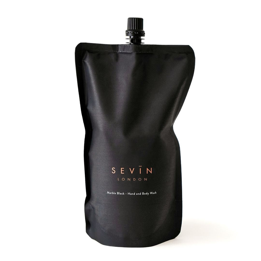 Marble Black packaging for Sevin London products on a white background