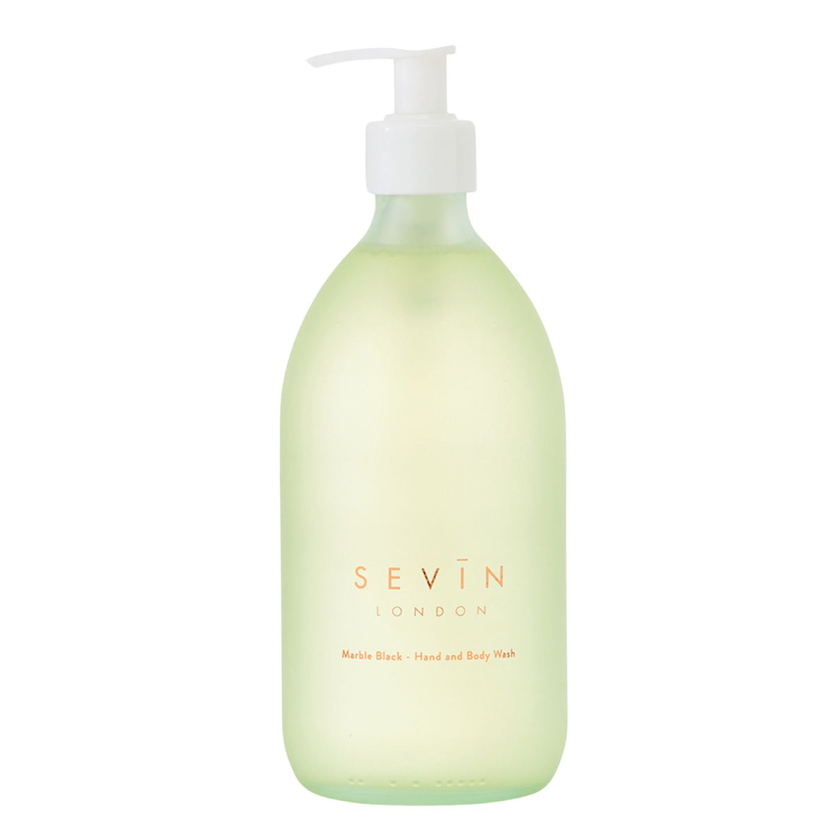 Light green bottle with pump dispenser labeled 'Sevin London' on a white background - Marble Black Hand & Body Wash