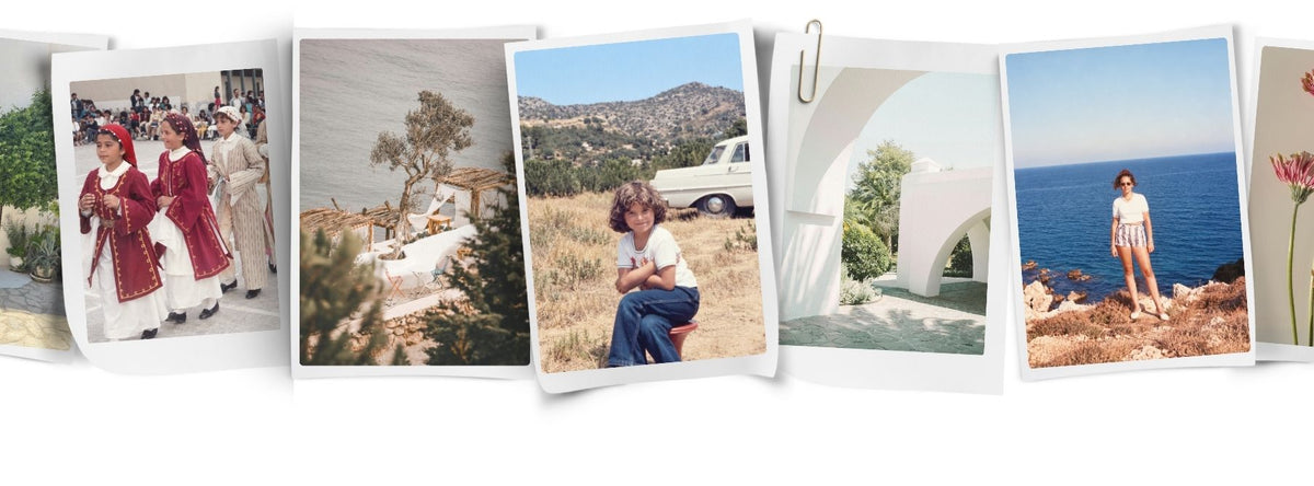 A collage of six vintage-style Polaroid photographs arranged in a row, showing Founder Sevin of Sevin home fragrances with her family  in outdoor scenic settings including a coastal town, a desert landscape, a white building, and the sea. The photos have aged, warm tones and are displayed on a white background with a small paperclip graphic above them.